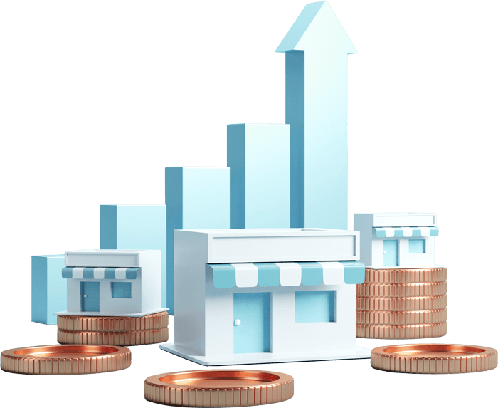 Illustration: storefront growing with stacked coins and a rising chart